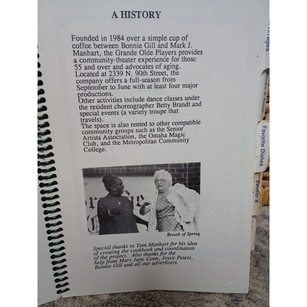 Vtg Spiral Cookbook Grand Olde‎ Players Omaha, Nebraska Community Theater 1980s